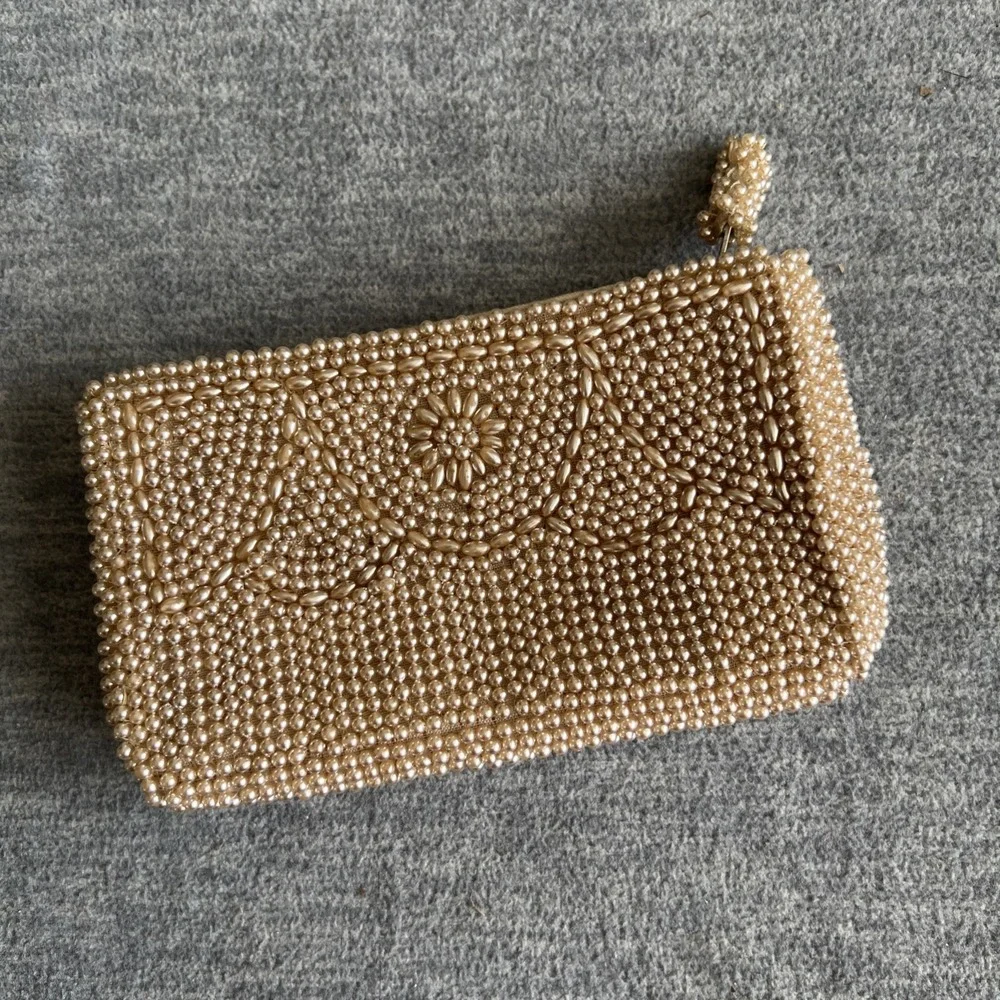 Beaded Coin Purse Small Zipper Bag Vintage Style Pearl Design Made In Japan EUC